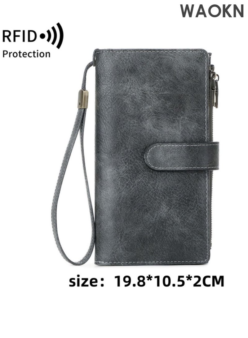 WAOKN Retro multifunctional wallet , Women and men Wallet , with RFID Blocking Large Capacity Credit Card Holder , Long Purses for Women and wmen with Wristlet Pocket ID Window , Solid color portable large capacity handbag , grey. - Image 2